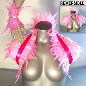 Pink Reversible Natural Feather Collar Wrap Shawl Shrug or Skirt plus Wrist Corsage, Breast Cancer Survivor Walk