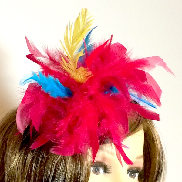 Red Feather Hair Clip Beautiful Full and Fluffy Fascinator Circus Colors with Blue and Yellow