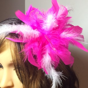 May include: A pink and white feather hair clip. The feathers are arranged in a cluster and are attached to a clip.