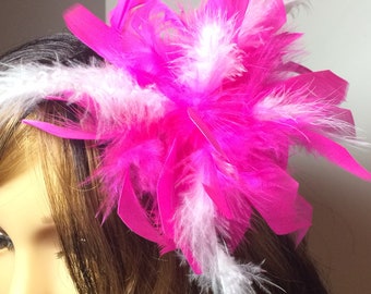 Beautiful Full and Fluffy Pink and White Feather Fascinator Hair Clip