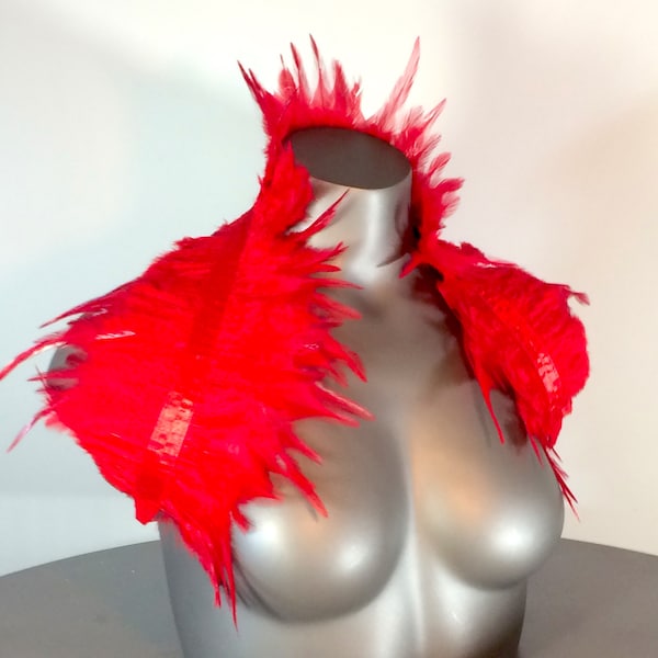 Red Feather Wrap Reversible Natural Feather Shoulder Shrug Reverse Side Has Black Accent Ribbon