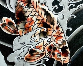 Tattoo Art Print of Japanese Koi - Japanese Art Yokai Irezumi Japan Waves