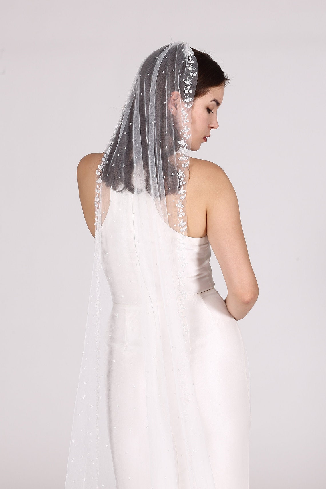 Floral Beaded Hand Embroidered Wedding Veil Couture Designer Etsy