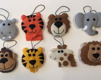 Felt Zoo Animal Ornaments - * Bear * Elephant * Giraffe * Hippo * Koala Bear *Lion * Monkey * Tiger Yellow * Tiger Orange*