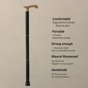 Pu&ograve; includere: Un bastone nero con un manico dorato. Il bastone &egrave; in legno di palissandro e ha un diametro di 2,5 cm. &Egrave; un design a 4 pezzi, il che lo rende facile da trasportare. Il bastone &egrave; fatto a mano e ha una presa comoda.