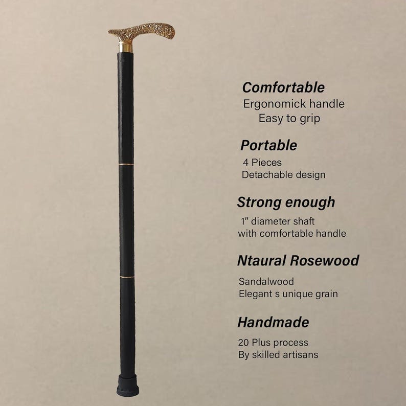 Pu&ograve; includere: Un bastone nero con un manico dorato. Il bastone &egrave; in legno di palissandro e ha un diametro di 2,5 cm. &Egrave; un design a 4 pezzi, il che lo rende facile da trasportare. Il bastone &egrave; fatto a mano e ha una presa comoda.