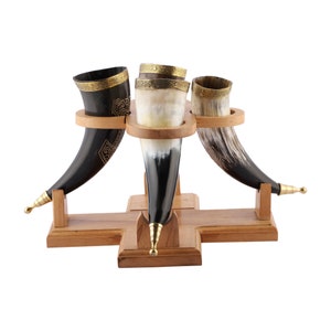 Viking Drinking Handmade Natural OX Horn Drinking Set | Tankard | Mug | for Ale, Beer, Mead, Wine | 12 Inch | With Wood Stand | No Leakage