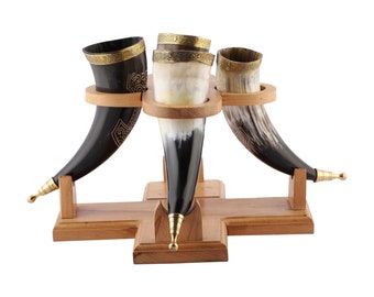 Viking Drinking Handmade Natural OX Horn | Tankard | Mug | Cup for Ale, Beer, Mead, Wine | 12 Inch | 100% Leak Free | with Wooden Stand