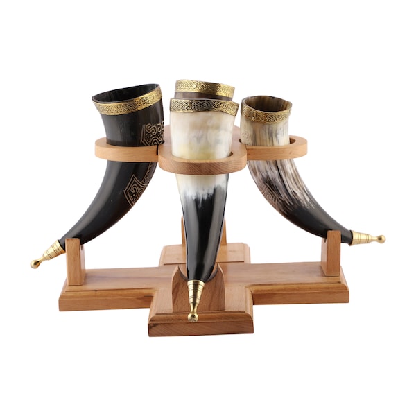 Viking Drinking Handmade Natural OX Horn | Tankard | Mug | Cup for Ale, Beer, Mead, Wine | 12 Inch | 100% Leak Free | with Wooden Stand