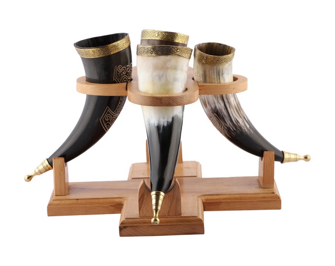 Viking Drinking Horn Mug, Handmade Natural Ox Horn Cup with Wooden Stand, 15 Oz Medieval Mead Cup, Norse Drinking Horn, Personalized Gift