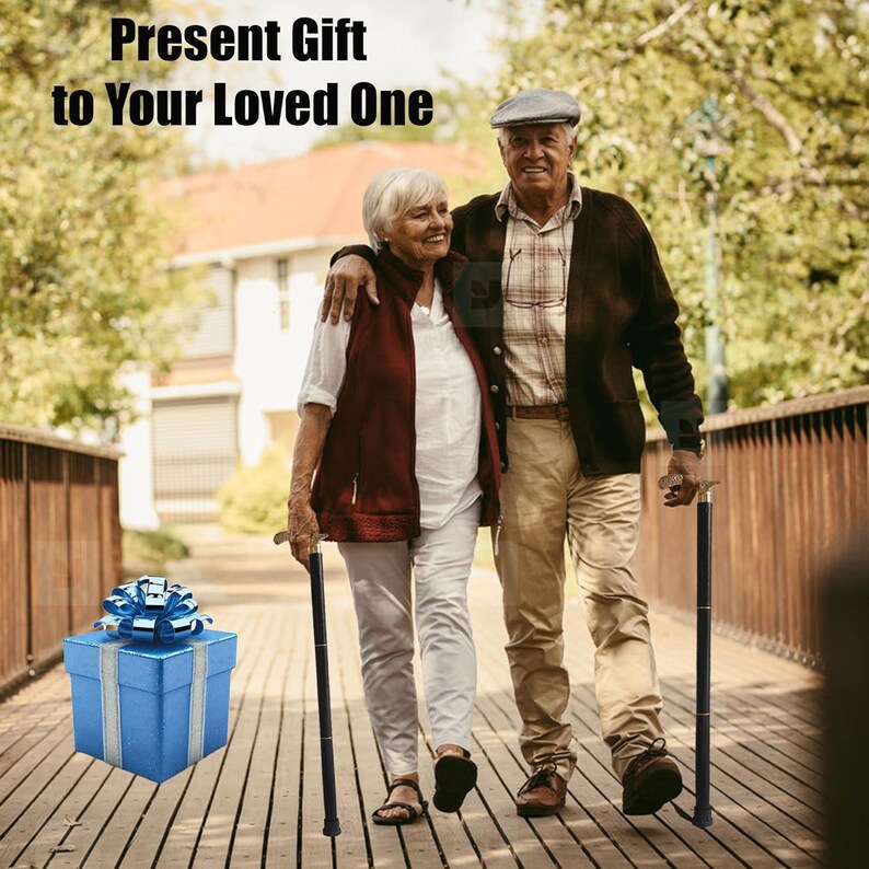 Pu&ograve; includere: Una coppia anziana cammina su un ponte di legno, ognuno con un bastone nero. Una scatola regalo blu con un nastro bianco &egrave; sul ponte davanti a loro. Il testo "Present Gift to Your Loved One" &egrave; nella parte superiore dell'immagine.