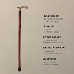 Pu&ograve; includere: Un bastone da passeggio in legno con un manico in ottone decorativo. Il bastone &egrave; realizzato in legno di palissandro naturale e ha un diametro di 2,5 cm. &Egrave; un design a 4 pezzi, il che lo rende facile da trasportare. Il bastone &egrave; fatto a mano e offre una presa comoda.