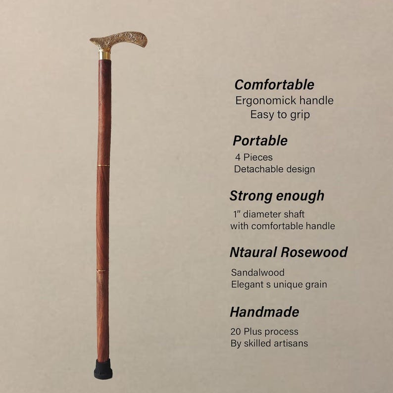 Pu&ograve; includere: Un bastone da passeggio in legno con un manico in ottone decorativo. Il bastone &egrave; realizzato in legno di palissandro naturale e ha un diametro di 2,5 cm. &Egrave; un design a 4 pezzi, il che lo rende facile da trasportare. Il bastone &egrave; fatto a mano e offre una presa comoda.