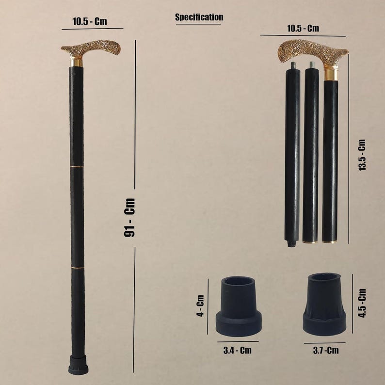 Pu&ograve; includere: Un bastone nero con un manico dorato. Il bastone &egrave; regolabile e si estende fino a 91 cm. Il manico &egrave; largo 10,5 cm e la base 3,4 cm. Il bastone &egrave; fornito con una punta in gomma nera alta 4 cm e larga 3,7 cm.