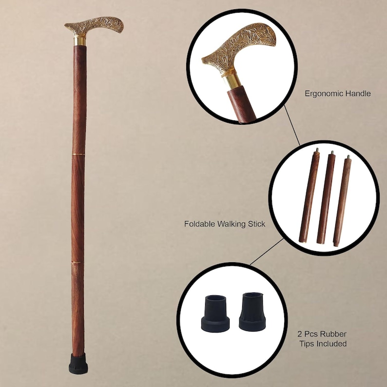 Pu&ograve; includere: Un bastone da passeggio in legno marrone con un manico dorato decorato. Il bastone &egrave; pieghevole e include due punte in gomma nera. Il manico &egrave; descritto come ergonomico.