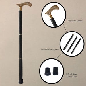 Pu&ograve; includere: Un bastone pieghevole nero con un manico ergonomico dorato. Il bastone &egrave; composto da tre sezioni che possono essere estese o ripiegate. Il bastone include anche due punte in gomma.