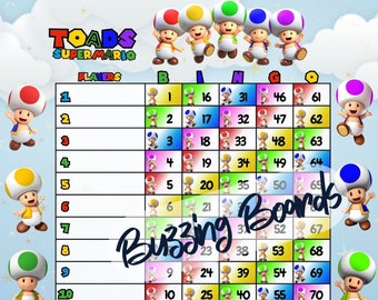 Toads Bingo Boards 2 PDF's (straight and mixed) , 8.5 x 11 inches, 15 Lines, 1 to 75 balls, Rainbow style, Printable