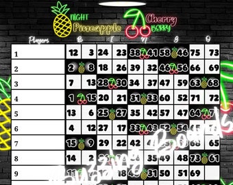 Tablero de bingo doble neón piña cereza, tablero de bingo doble Houdini, 15 jugadores, 75 bolas, 1 archivo PDF, 8,5 x 11 pulgadas, 15 líneas, imprimible