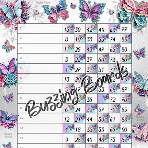 Mariposas 3D 90 bolas - Tablero de bingo para 15 jugadores - 15 líneas (1-90 bolas) 2 archivos PDF (1 estándar y 1 mixto) 8,5 x 11 pulgadas, imprimible