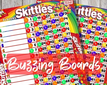 Tablero de bingo RainbowSkittles para 18 jugadores - 18 líneas (1-90 bolas) 2 archivos PDF (1 estándar y 1 mixto) 8,5 x 11 pulgadas, imprimible