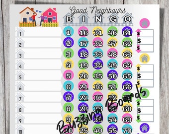 Good Neighbours Bingo Boards 2 PDF&#39;s (straight and mixed) , 8.5 x 11 inches, 15 Lines, 1 to 75 balls, Printable