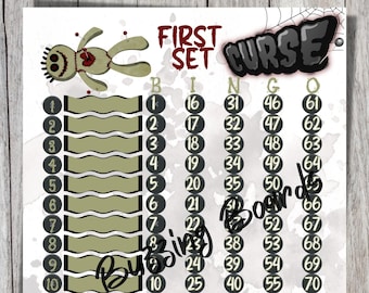 Primer juego de tableros de bingo Curse, 2 PDF (directos y mixtos), 8,5 x 11 pulgadas, 15 líneas, de 1 a 75 bolas, imprimible, muñeco vudú