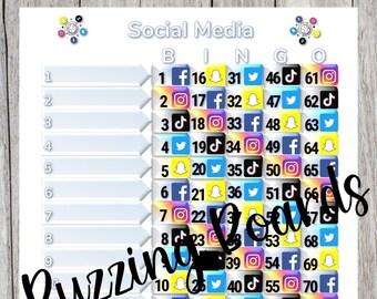 Social Media Bingo Board - 15 Lines (1-75 Balls) 2 PDF (mixed and straight) 8.5 x 11 inches, Printable