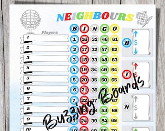 Neighbours Bingo Boards 2 PDF's (straight and mixed) , 8.5 x 11 inches, 15 Lines, 1 to 75 balls, Printable