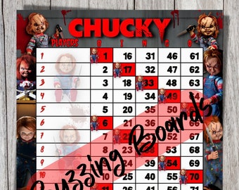 Chucky Bingo Boards 2 PDF's (straight and mixed) , 8.5 x 11 inches, 15 Lines, 1 to 75 balls, Printable, Halloween Theme