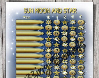 Tableros de bingo Sun Moon and Star 2 PDF (directos y mixtos), 8,5 x 11 pulgadas, 15 líneas, 1 a 75 bolas, imprimible, a todo color