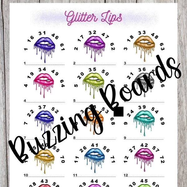 Glitter Lips Bingo Board - 15 Lines (1-75 Balls) 2 PDF's (straight and mixed) 8.5 x 11 inches, Printable