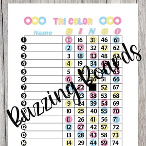 Tablero de bingo tricolor, 2 PDF (directo y mixto), 8,5 x 11 pulgadas, 15 líneas, 1 a 75 bolas, colores pastel