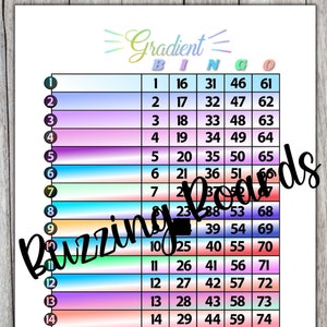 Gradient Bingo Board, 2 PDF&#39;s (straight and mixed) , 8.5 x 11 inches, 15 Lines, 1 to 75 balls, Printable