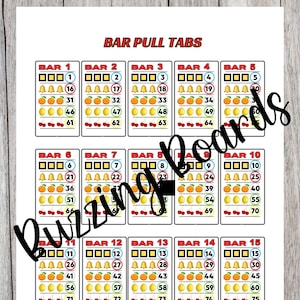 Bar Pull Tab Bingo Board, 15 Spieler (gerade und gemischt) 2 PDF Dateien, 20 x 11 Zoll, Pull Tabs 1 bis 75 Zahlen
