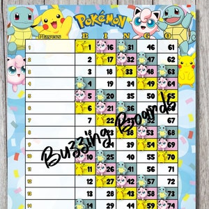 Planches de bingo Pokeman, 2 fichiers PDF (droits et mixtes), 8,5 x 11 pouces, 15 lignes, 1 à 75 boules, imprimable