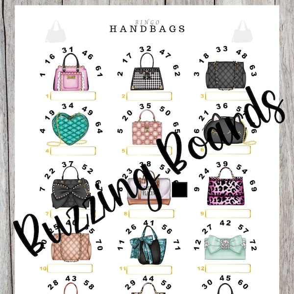 Handbag Bingo Boards - 15 Lines, 2 PDF Files (straight and mixed) , 8.5 x 11 inches, Purse Theme, Printable