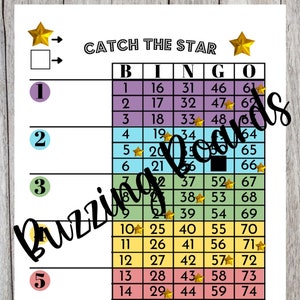 Catch The Star, Block Bingo Boards, 5 Spieler (gerade und gemischt) PDF Datei, 8,5 x 11 Zoll, Helle Farben