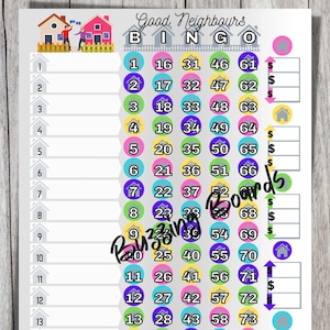 May include: A printable bingo card with a grey background and colourful circles. The circles contain numbers from 1 to 75. The card is titled "Good Neighbours Bingo".