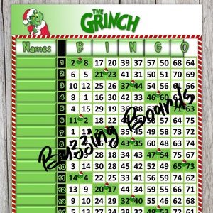 Het Grinch Double Bingo Board, 15 spelers, 75 bal, 1 PDF-bestand, 8,5 x 11 inch, afdrukbaar, dubbele actie, kerstthema