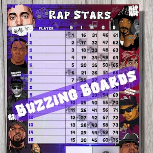 Rap Stars Bingo Boards 2 PDF (droits et mixtes), 8,5 x 11 pouces, 15 lignes, 1 à 75 boules, imprimable