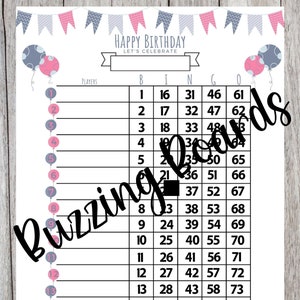 Tablero de bingo Happy Birthday: 15 líneas, 1-75 bolas, 2 archivos PDF (directos y mixtos) de 8,5 x 11 pulgadas, imprimible