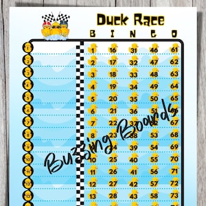 Duck Race Bingo Boards 2 PDF's (recht en gemengd), 8,5 x 11 inch, 15 lijnen, 1 tot 75 ballen, afdrukbaar