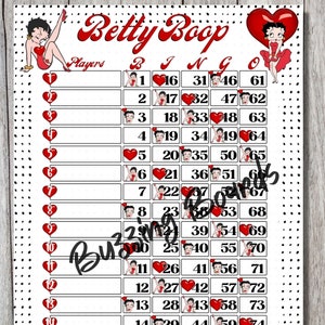 Planches de bingo BettyBoop, 2 fichiers PDF (droits et mixtes), 8,5 x 11 pouces, 15 lignes, 1 à 75 boules, imprimable