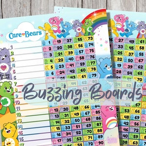 Rainbow CareBears Bingobord voor 18 spelers - 18 lijnen (1-90 ballen) 2 PDF's (1 standaard en 1 gemengd) 8,5 x 11 inch, afdrukbaar