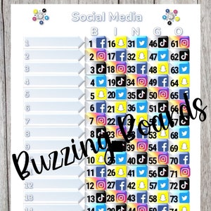 Social Media Bingo Board - 15 Lines (1-75 Balls) 2 PDF (mixed and straight) 8.5 x 11 inches, Printable