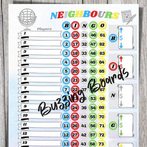 Neighbors Bingo Boards 2 PDF's (straight and mixed) , 8,5 x 11 pouces, 15 lignes, 1 à 75 boules, imprimable