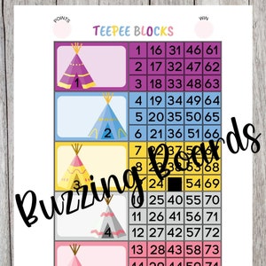 Teepee Blocks, Party Party Bingo Boards, 5 joueurs (droits et mixtes) Fichier PDF, 8,5 x 11 pouces, Pretty TeePees