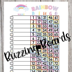 Planche de bingo arc-en-ciel, 15 lignes (droites et mixtes), fichiers PDF, 23 x 11 po., couleurs pastel