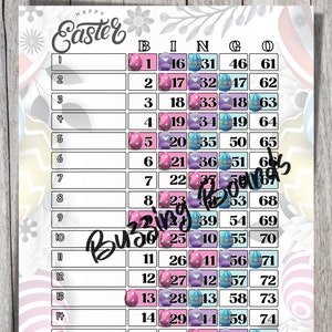 Planche de bingo de Pâques - 15 lignes (1-75 boules) 2 PDF (mixte et droit) 8,5 x 11 pouces, imprimable, thème des œufs de Pâques
