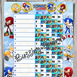 Planches de bingo SonicThe Hedgehog, 2 fichiers PDF (droits et mixtes), 8,5 x 11 pouces, 15 lignes, 1 à 75 boules, imprimable